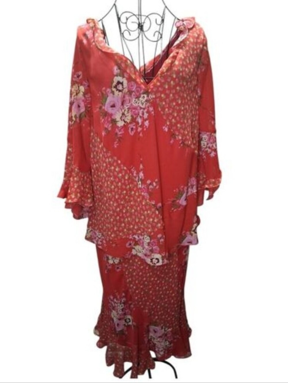 Plus Size 20W Floral Boho Midi Dress Red Pink Ruffled Flowy Fall Autumn Romant